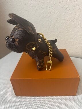 Inspired Brown Monogram Dog Keychain with Gold Hardware